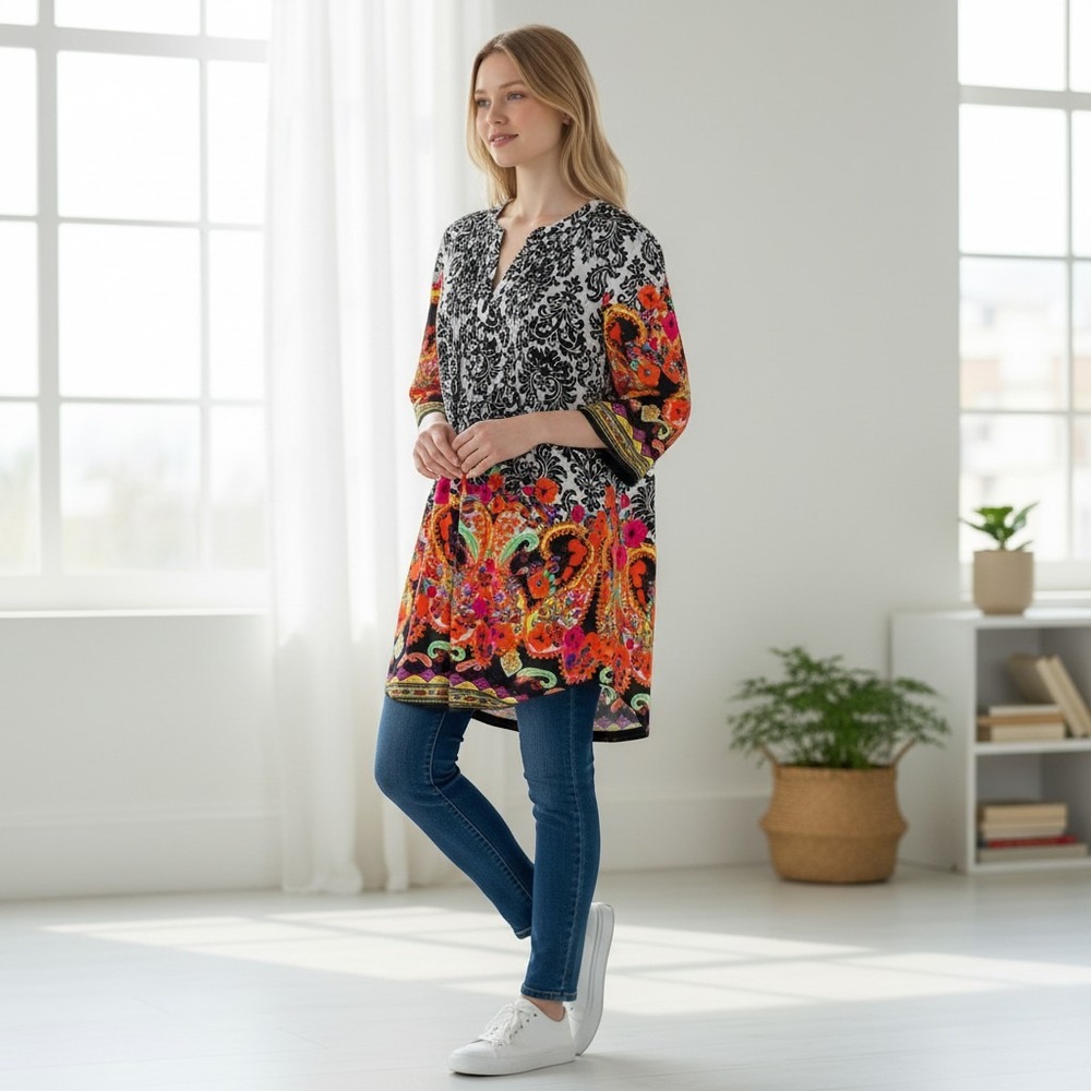 Reborn Womens Dress 3/4 Sleeve Paisley Print Blouse Casual Dressy‎ SWz L /#7287